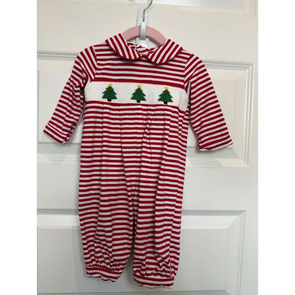 5. Cecil and Lou Baby Red White Striped Smocked Christmas Tree Romper 3M Holiday